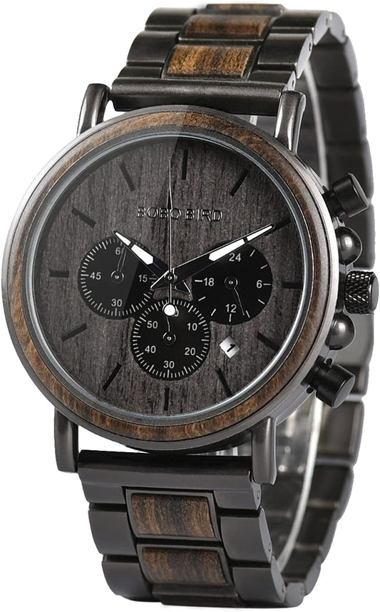 HOTBOBO BIRD Wooden Mens Watches Wood & Stainless Steel Combined Chronograph Military Quartz Casual Wristwatches