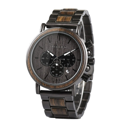 HOTBOBO BIRD Wooden Mens Watches Wood & Stainless Steel Combined Chronograph Military Quartz Casual Wristwatches