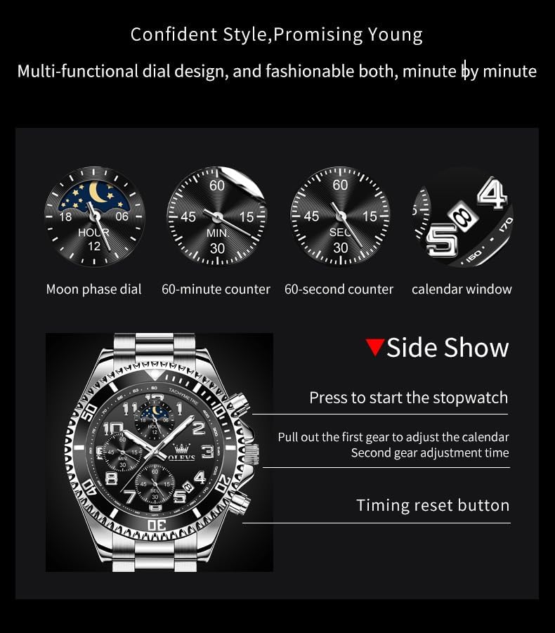 HOTOLEVS Mens Watches Chronograph Watch Luxury Dress Stainless Steel Waterproof Watches for Men Moon Phase Luminous Business Calendar Wrist Watch Blue/Black/Green/Gold/Face