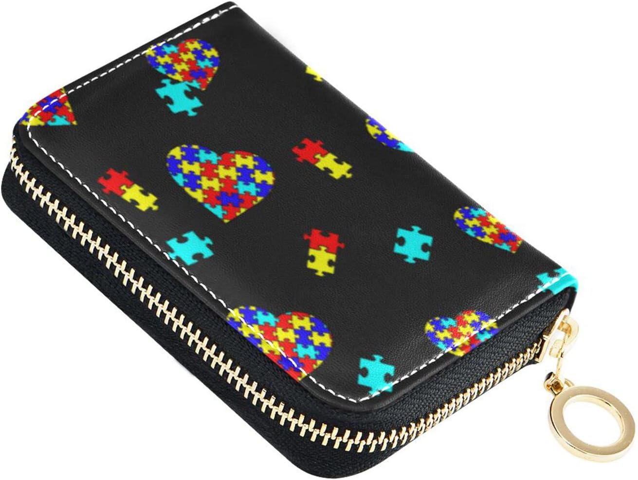 HOTAutism Awareness Puzzle Piece RFID Credit Card Holder Wallets Accordion for Women Leather Zipper Card Case Accordion Wallet for Ladies Girls