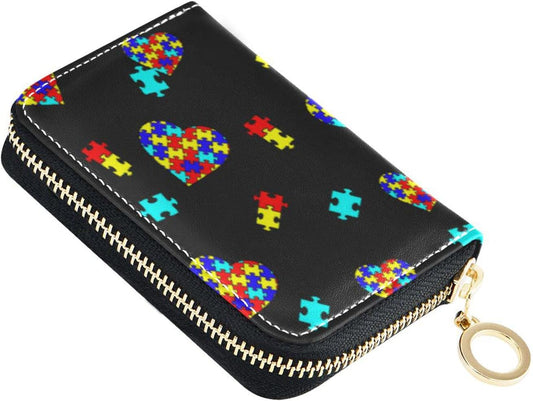 HOTAutism Awareness Puzzle Piece RFID Credit Card Holder Wallets Accordion for Women Leather Zipper Card Case Accordion Wallet for Ladies Girls
