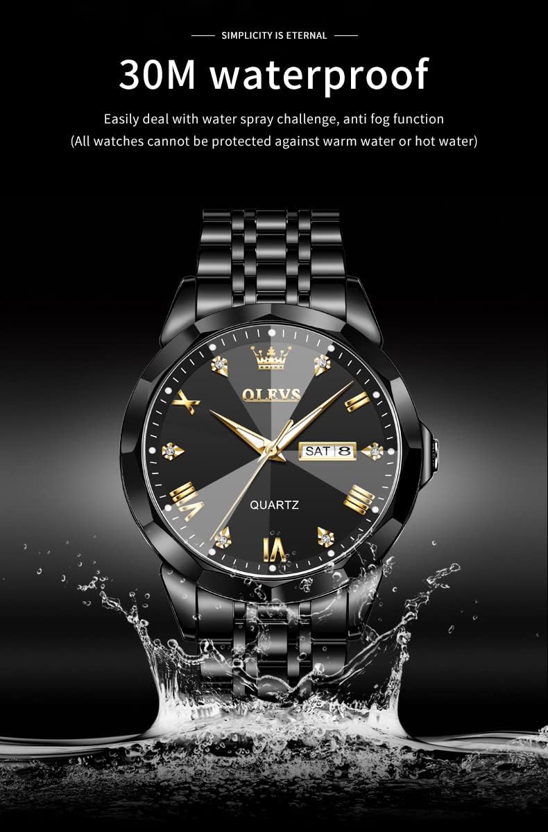 HOTOLEVS Watch for Men Diamond Business Dress Analog Quartz Stainless Steel Waterproof Luminous Date Two Tone Luxury Casual Wrist Watch Blue