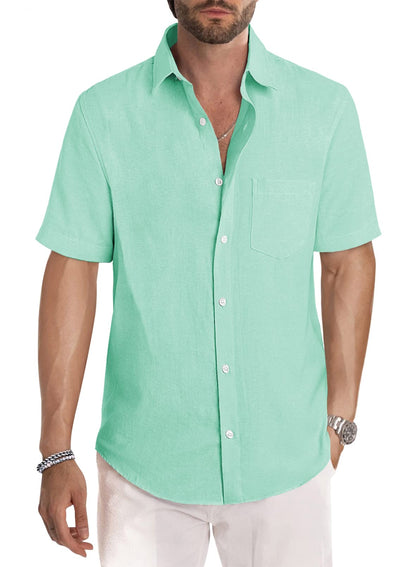 HOTJMIERR Men's Casual Stylish Short Sleeve Button-Up Striped Dress Shirt Cotton Beach Shirts