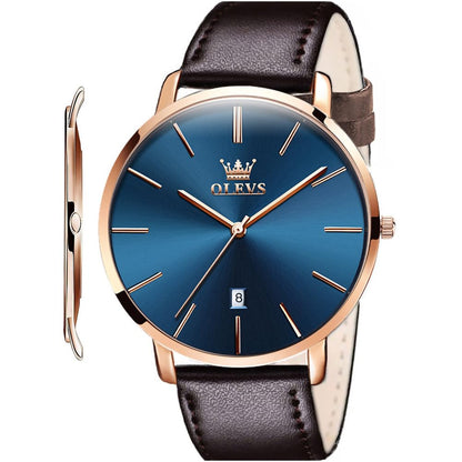 HOTOLEVS Men Leather Watches Black Ultra Thin 6.5mm Minimalist Dress Fashion Simple Casual Waterproof Date Watch for Men
