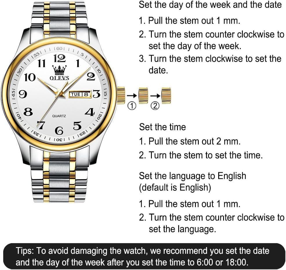 HOTOLEVS Men's Casual Stainless Steel Watch, Big Face Easy to Read Analog Quartz Watch with Day and Date, Classic Waterproof Diamond Roman Arabic Numeral Dial Dress Watch for Men, Gold Silver Black Band