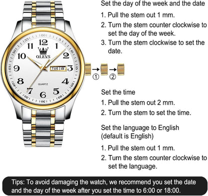 HOTOLEVS Men's Casual Stainless Steel Watch, Big Face Easy to Read Analog Quartz Watch with Day and Date, Classic Waterproof Diamond Roman Arabic Numeral Dial Dress Watch for Men, Gold Silver Black Band