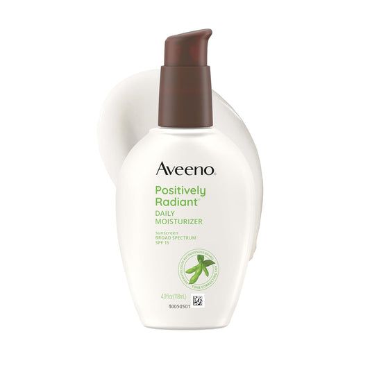 HOTAveeno Positively Radiant Daily Face Moisturizer with SPF 15 Sunscreen, Hydrating Face Lotion with Soy Extract to Improve Skin Tone and Texture, Hypoallergenic Formula, Oil-Free, 4 Fl Oz