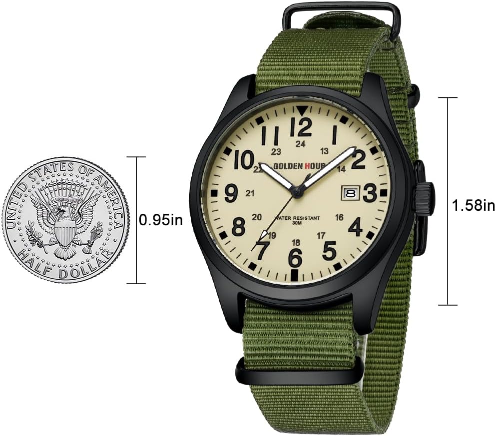 HOTGOLDEN HOUR Men's Nylon Slip-Thru Strap Watch with Military Time Easy Read Dial Glowing Hands