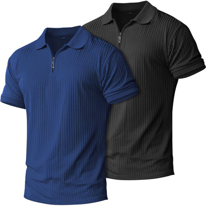 HOTplop 2 Pack Mens 1/4 Zipper Muscle Polo Shirts Slim Fit Collared Shirt Short Sleeve Ribbed Knit Fitted Casual Athletic Tee