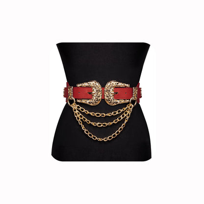 HOTDubulle Womens Belt Chain Leather Belts Vintage Western Adjustable Elastic Double Buckle for Cowboy Pant Dress