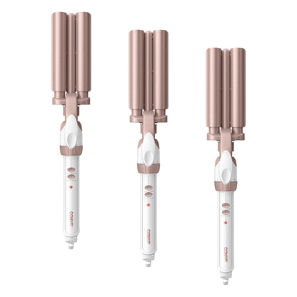 HOTConair Curling Iron & Waver Hair Tool, Triple Barrel, White/Rose Gold | Double Ceramic Conair curling iron with 5/8" outer barrels, a 1/2" inner barrel, 30 heat settings, and auto-off function
