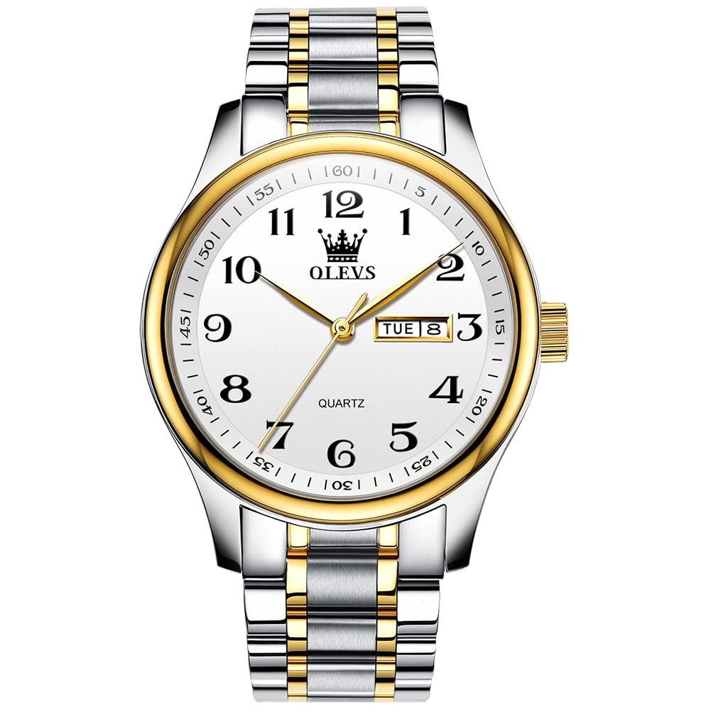 HOTOLEVS Men's Luxury Stainless Steel Watch, Big Face Gold Silver Two Tone Three Hand Analog Quartz Watch, Easy to Read Waterproof Luminous Day Date Wrist Watches for Men