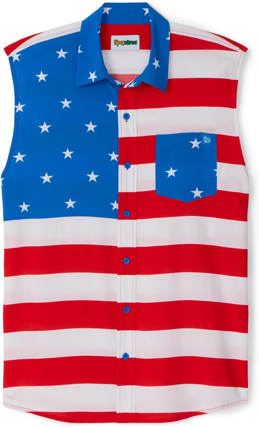 HOTTipsy Elves 4th of July Sleeveless American Flag Button Down Patriotic Shirt for Men - Men's USA Button Up Shirts for Men