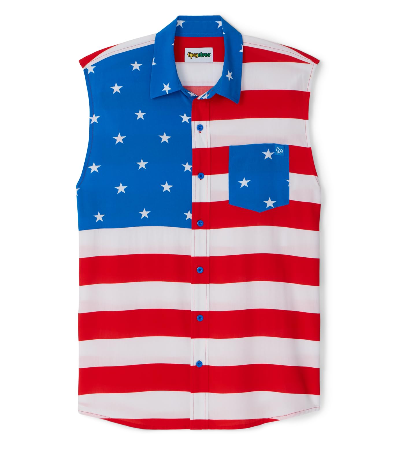 HOTTipsy Elves 4th of July Sleeveless American Flag Button Down Patriotic Shirt for Men - Men's USA Button Up Shirts for Men