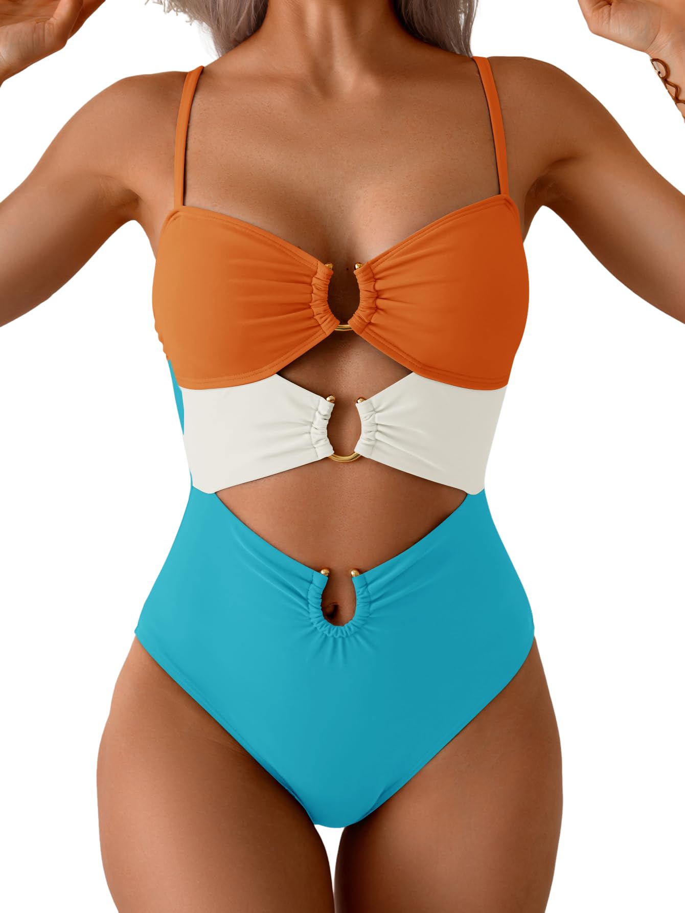 HOTEomenie Womens Cutout One Piece Swimsuit Sexy Bathing Suit | Ring Linked, Adjustable Spaghetti Straps, Bra Support, Soft Removable Cups, Monokini for Beach Vacation, Pool Side
