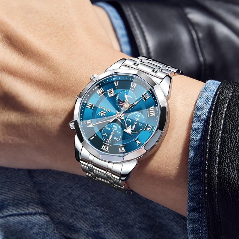HOTOLEVS Watch Men Luxury Sliver Stainless Steel Dress Waterproof Blue Face Wrist Watches for Men Classic Analog Quartz Moon Phase Chronograph Men Watch Relojes De Hombre
