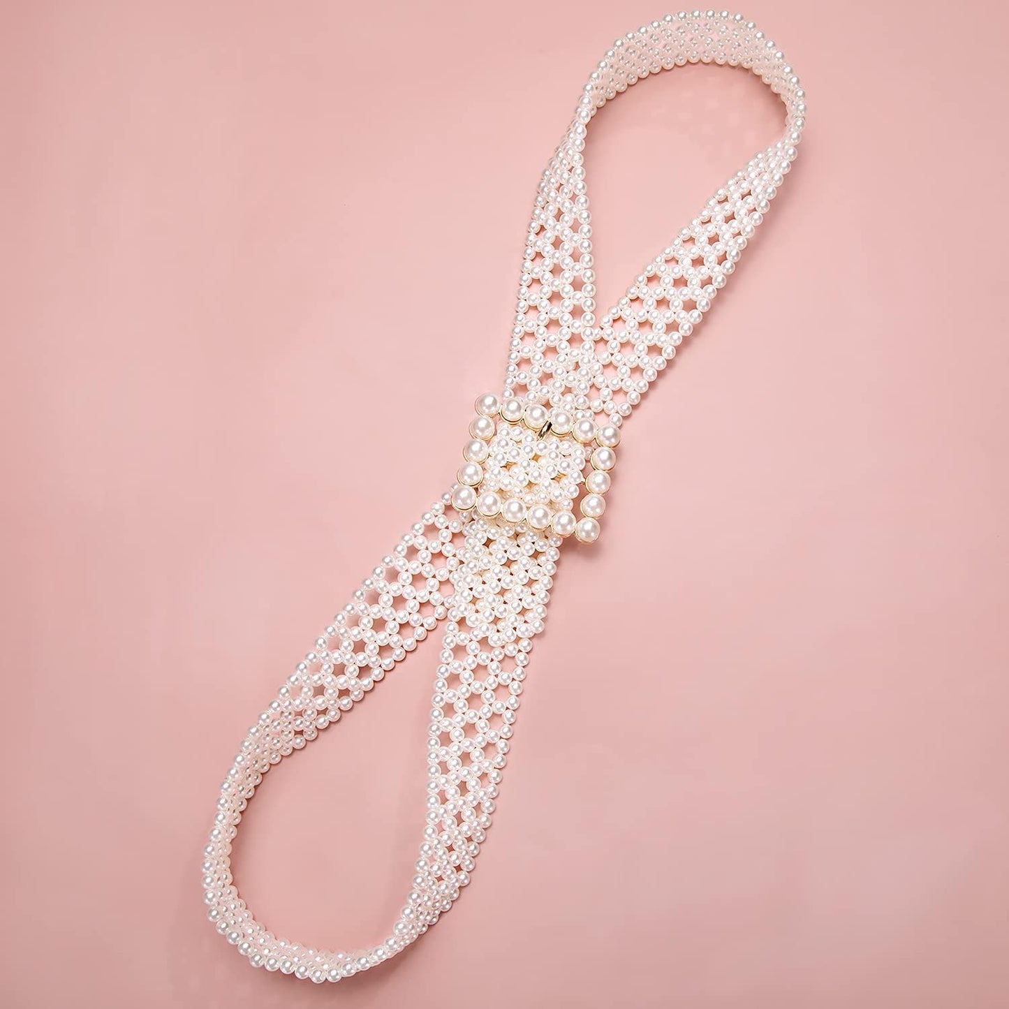 HOTDubulle Women's Pearl Belt Elastic White Waist Chain for Bridal Dress | Plus Size Belts Ivory Beige Silver Pearl Rhinestone Buckle Formal Wedding Ladies