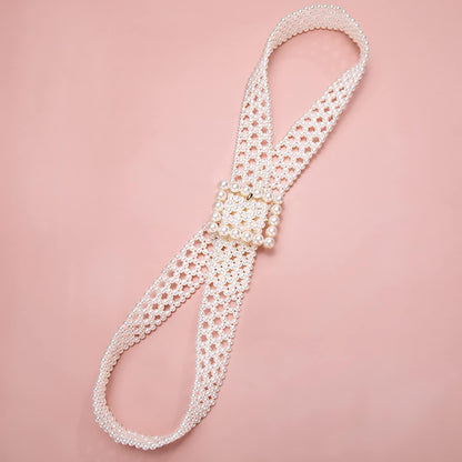 HOTDubulle Women's Pearl Belt Elastic White Waist Chain for Bridal Dress | Plus Size Belts Ivory Beige Silver Pearl Rhinestone Buckle Formal Wedding Ladies