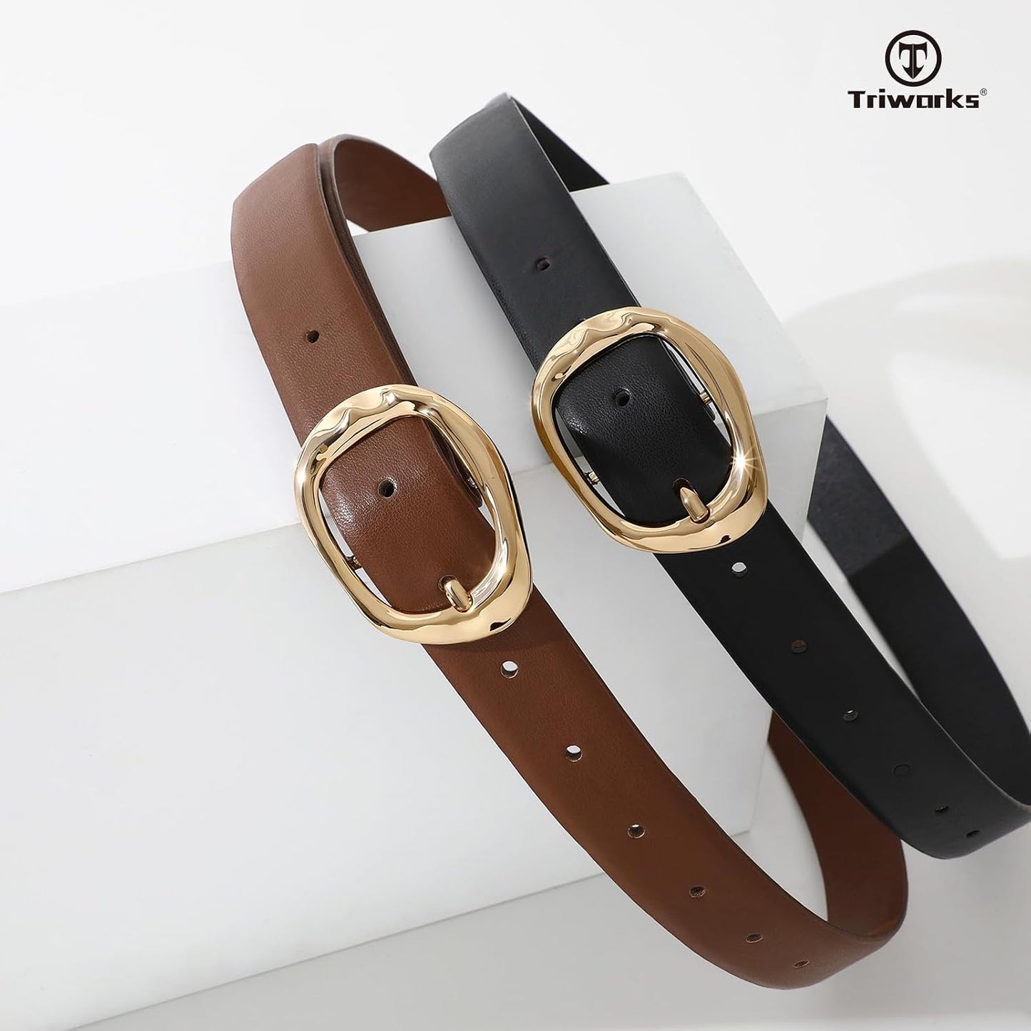 HOTTRIWORKS 2 Pack Leather Belts for Women Fashion Waist Belt with Liquid Shapes Women Belt for Jeans Pants Dresses