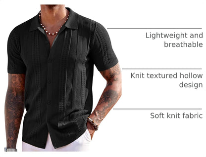 HOTCOOFANDY Men's Knit Shirts Short Sleeve Button Down Polo Shirt Fashion Casual Summer Beach Shirts