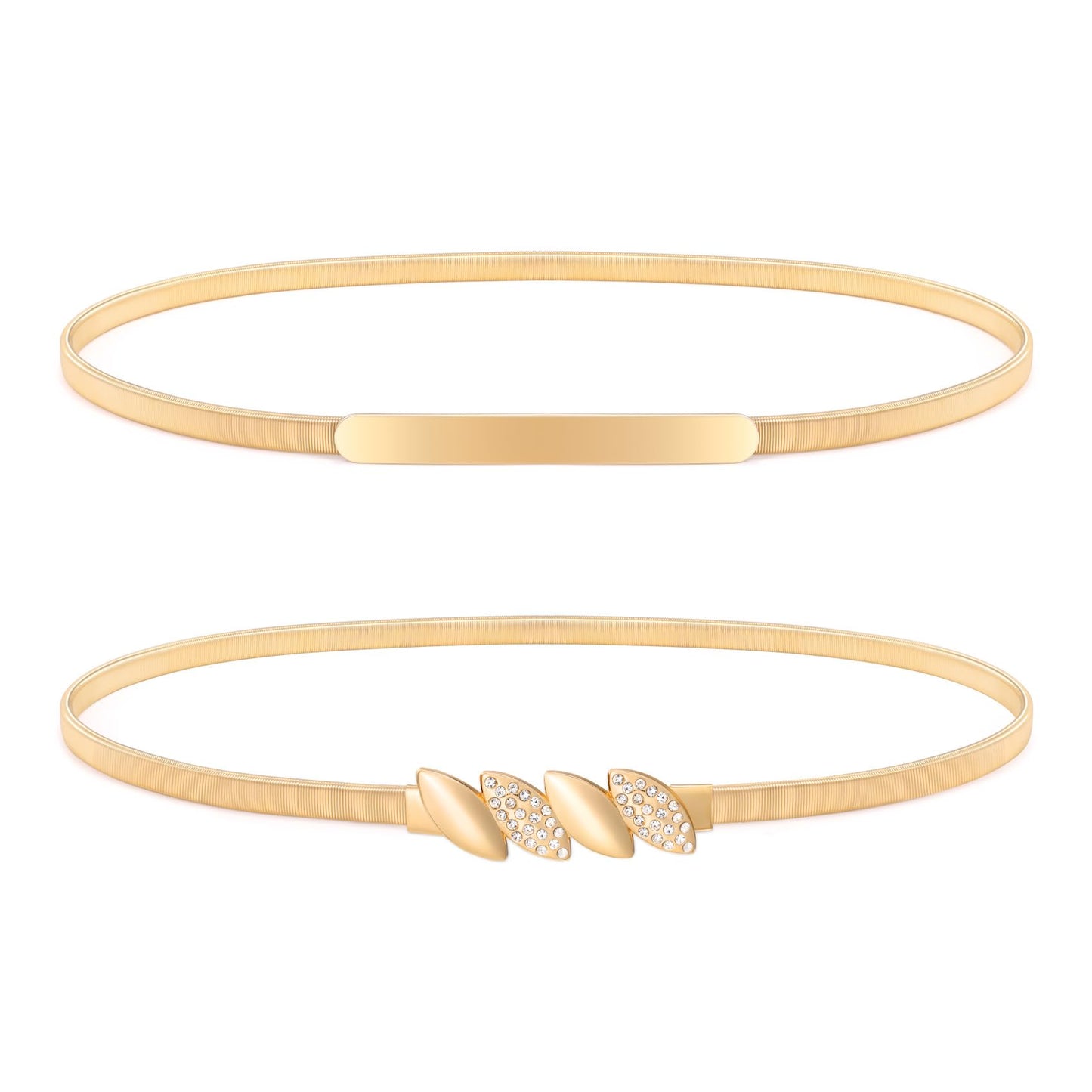 HOTXZQTIVE 2 Pieces Women Skinny Metal Chain Waist Belt Stretchy Saree Cinch Belt for Dress Gold Sliver