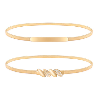 HOTXZQTIVE 2 Pieces Women Skinny Metal Chain Waist Belt Stretchy Saree Cinch Belt for Dress Gold Sliver