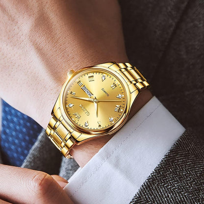 HOTOLEVS Men's Luxury Stainless Steel Watch, Big Face Gold Silver Two Tone Three Hand Analog Quartz Watch, Easy to Read Waterproof Luminous Day Date Wrist Watches for Men