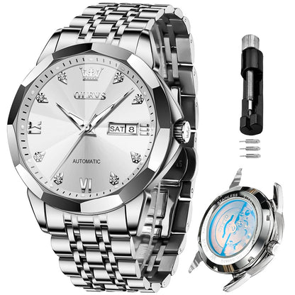 HOTOLEVS Skeleton Men Watches Automatic Business Luxury Diamond Self Winding Watch for Men Stainless Steel Calendar Wrist Watch
