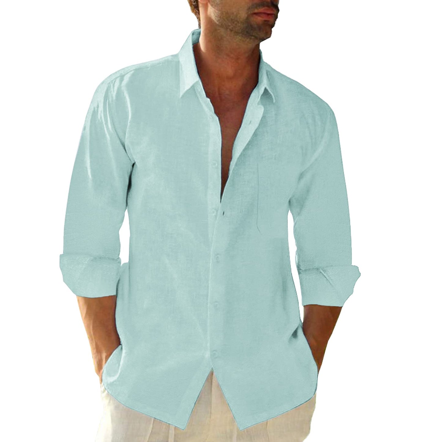 HOTJEKAOYI Button Down Linen Shirts for Men Casual Long Sleeve Regular Fit Cotton Beach Shirts with Pocket