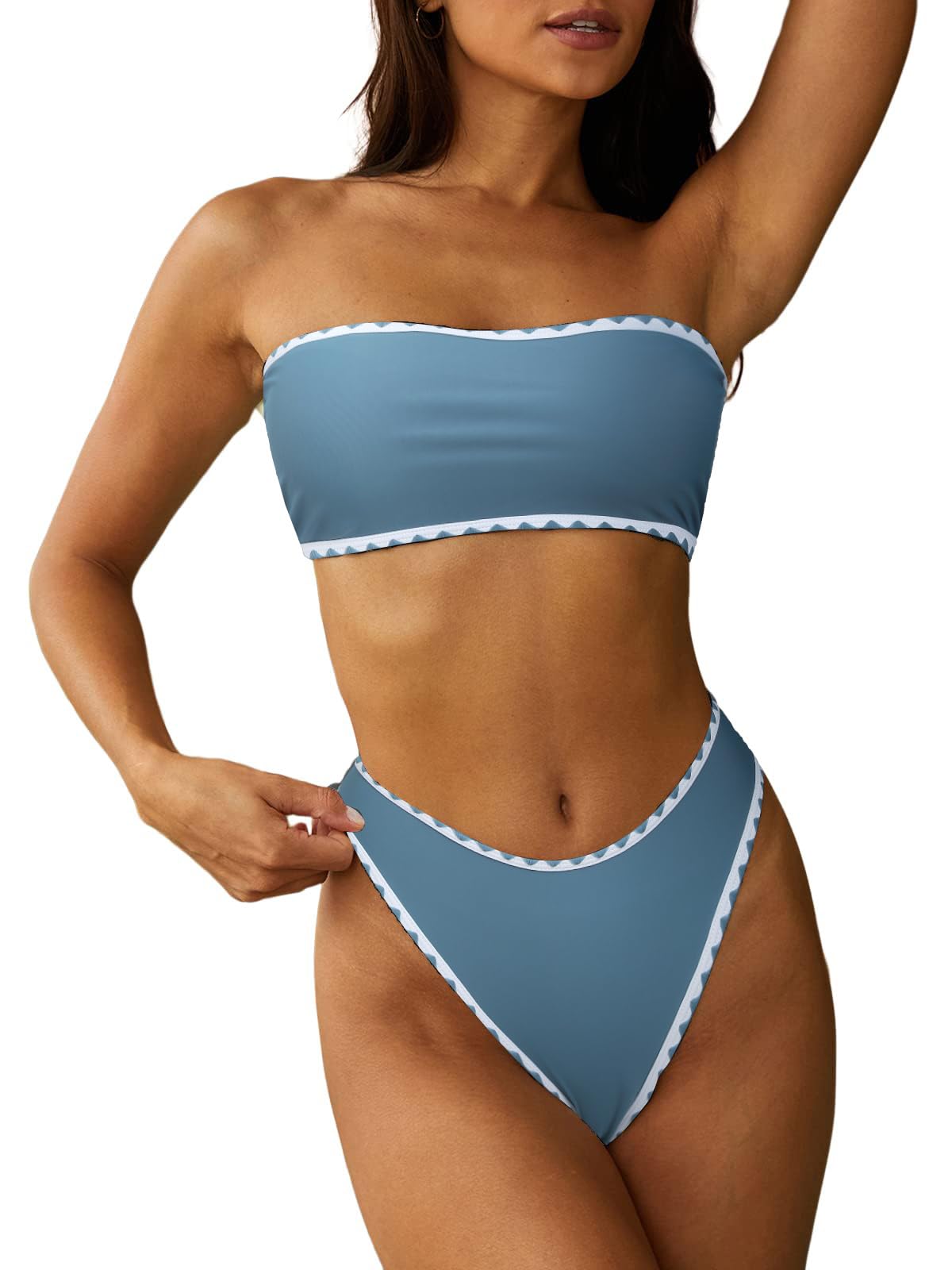 HOTZAFUL Women Strapless Bandeau Bikini 2 Piece Swimwear Lace up Bathing Suits | Strapless Textured Bikini Set Cheeky Solid Bandeau Bathing Suits