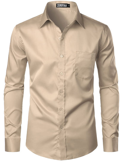 HOTZEROYAA Men's Urban Stylish Casual Business Slim Fit Long Sleeve Button Up Dress Shirt with Pocket