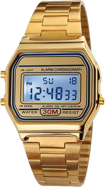 HOTPASOY Men's Digital Gold Stainless Steel Watch Backlit Multifunction Stopwatch Waterproof Sport Watches