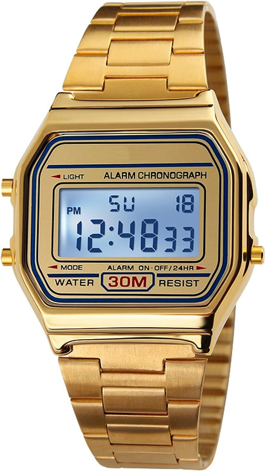 HOTPASOY Men's Digital Gold Stainless Steel Watch Backlit Multifunction Stopwatch Waterproof Sport Watches