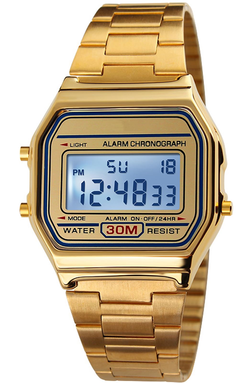 HOTPASOY Men's Digital Gold Stainless Steel Watch Backlit Multifunction Stopwatch Waterproof Sport Watches