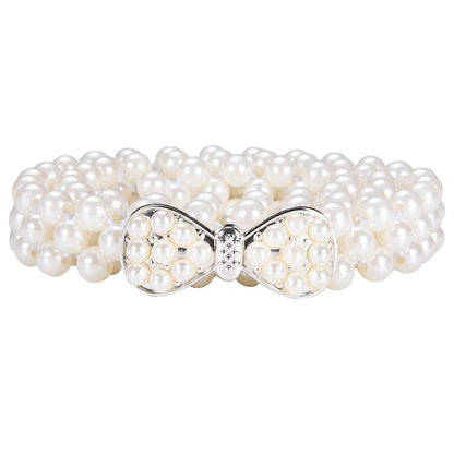 HOTDubulle Women's Pearl Belt Elastic White Waist Chain for Bridal Dress | Plus Size Belts Ivory Beige Silver Pearl Rhinestone Buckle Formal Wedding Ladies