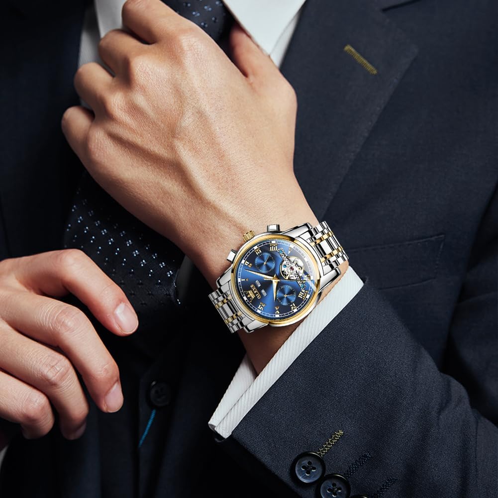 HOTOLEVS Self Winding Watches for Men Automatic Mechanical Dress Tourbillon Stainless Steel Dual Calendar Waterproof Luminous Wrist Watch