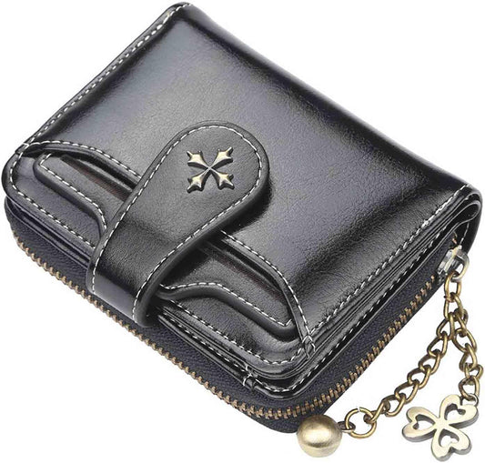HOTWomen's retro wallet small Y2K credit card bag zipper double fold mini leather aesthetic y2k wallet (Black)