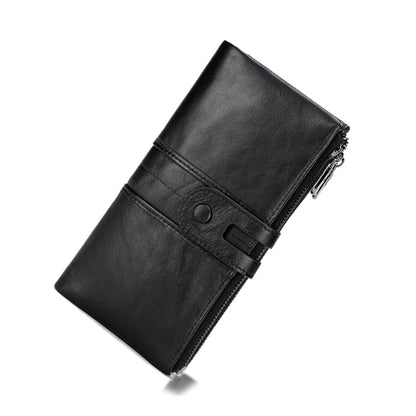 HOTmyfriday Ladies RFID Genuine Leather Wallet, Bifold Long Clutch Card Holder | 12 card slots, photo slot, bill pockets, memory-card slot and back zipper keep cash and cards slimly organized