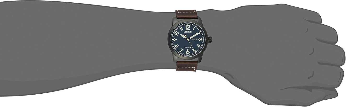 HOTCitizen Men's Eco-Drive Weekender Garrison Field Watch in Black Ion Plating Stainless Steel with Brown Leather Strap, Navy Dial (Model: BM8478-01L)