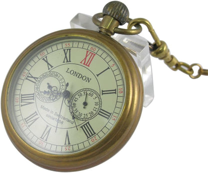 HOTVIGOROSO Men's Vintage Full Copper Hand-Wind Mechanical Second&24hours Sub-dials Pocket Watch in Box
