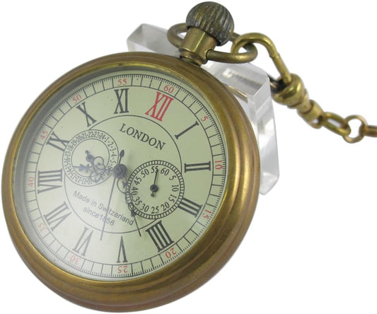 HOTVIGOROSO Men's Vintage Full Copper Hand-Wind Mechanical Second&24hours Sub-dials Pocket Watch in Box