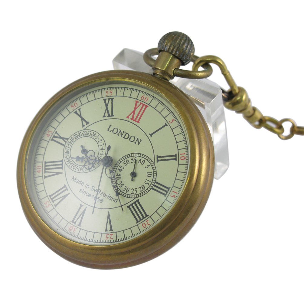 HOTVIGOROSO Men's Vintage Full Copper Hand-Wind Mechanical Second&24hours Sub-dials Pocket Watch in Box