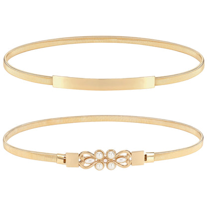 HOTXZQTIVE 2 Pieces Women Skinny Metal Chain Waist Belt Stretchy Saree Cinch Belt for Dress Gold Sliver