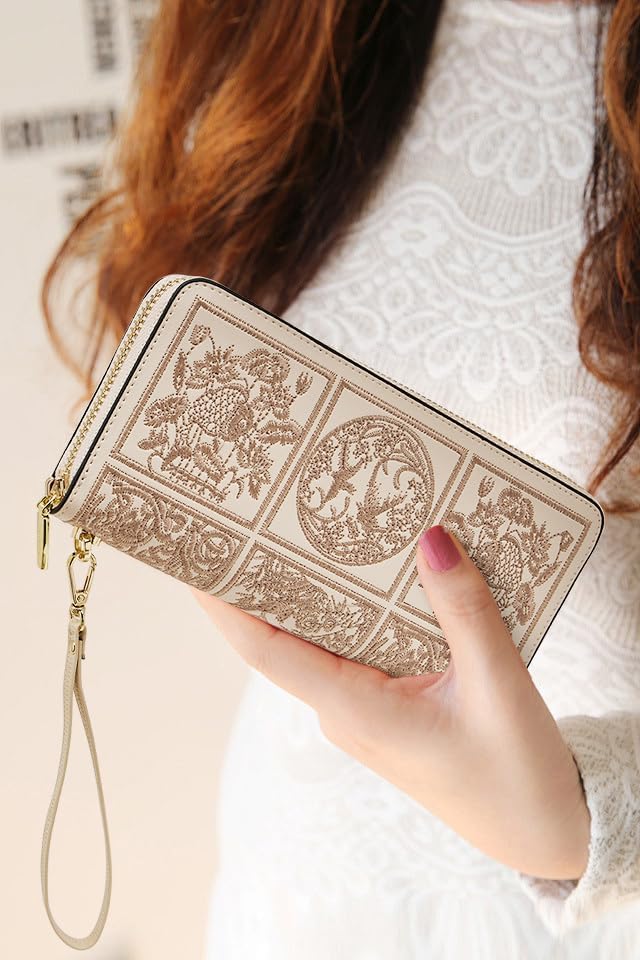 HOTFOXLOVER Wallets for Women RFID Blocking Embroidery Leather Women's Wallet Zip Wristlet Clutch(Apricot)
