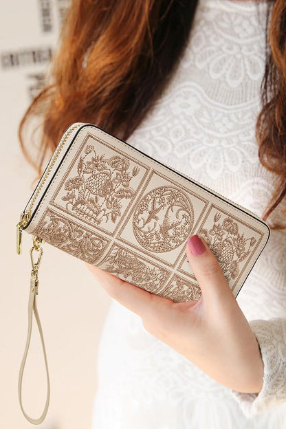 HOTFOXLOVER Wallets for Women RFID Blocking Embroidery Leather Women's Wallet Zip Wristlet Clutch(Apricot)