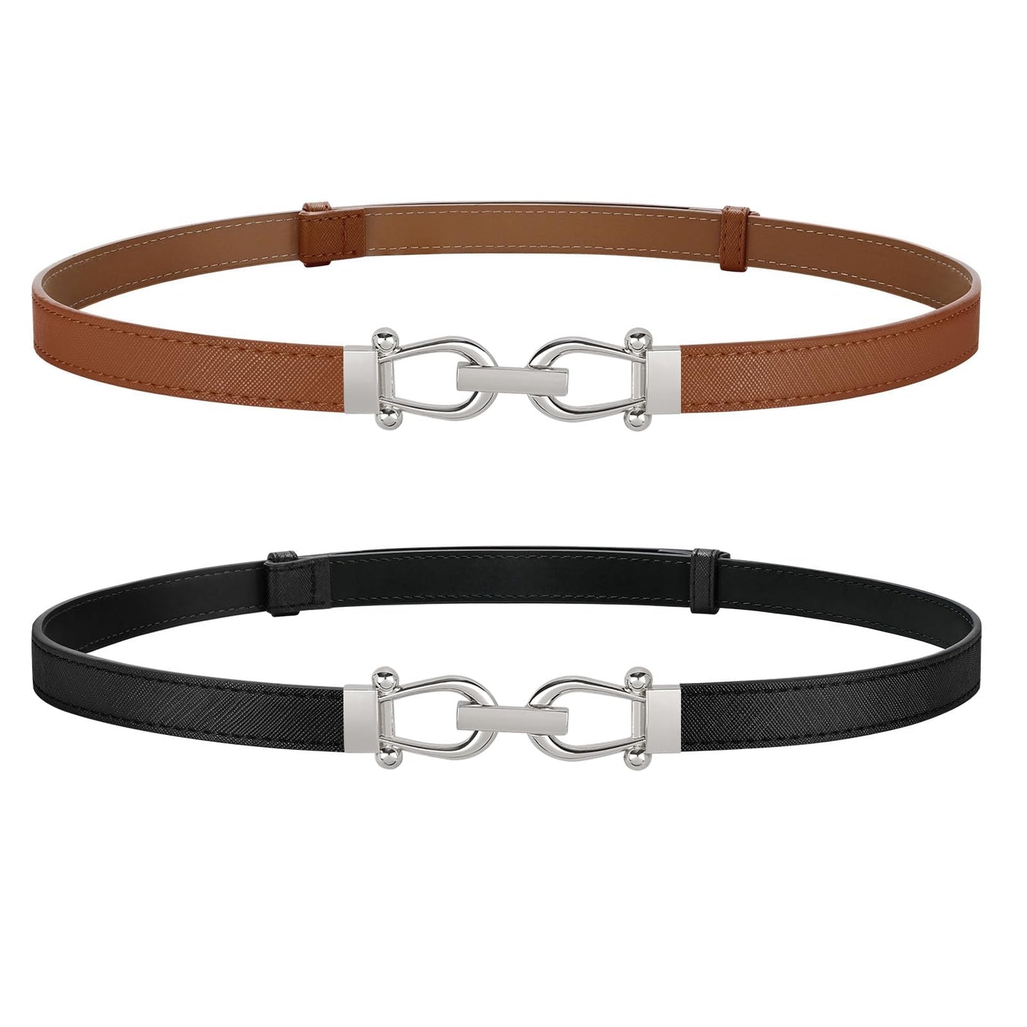 HOTJASGOOD 2 Pack Thin Belts for Women Fashion Skinny Leather Waist Belts for Jeans Pants Dresses with Gold Buckle