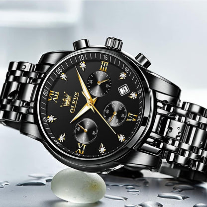 HOTOLEVS Men's Stainless Steel Chronograph Watch, Big Face Gold Silver Black Tone Easy to Read Analog Quartz Watch, Luxury Waterproof Date Diamond Roman Arabic Numerals Dial Dress Watch for Men