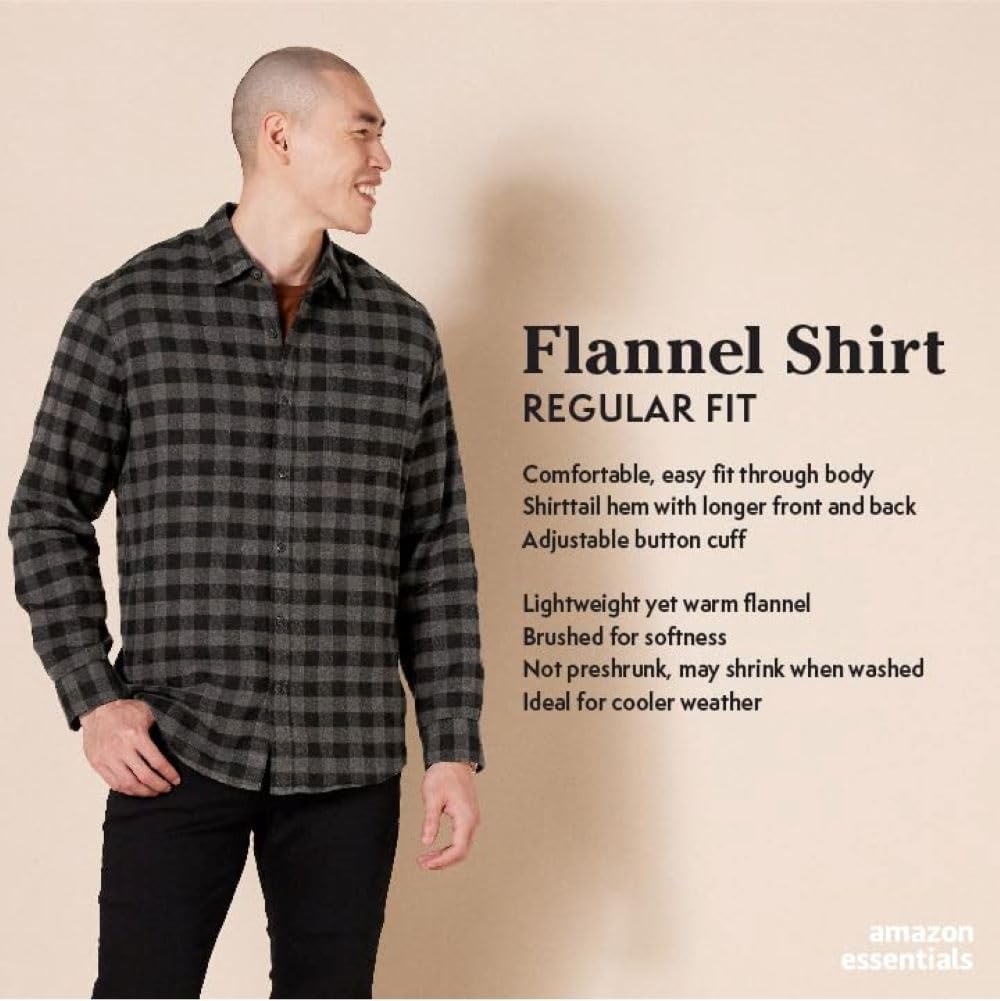 HOTAmazon Essentials Men's Regular Fit Long-Sleeve Flannel Shirt, Soft Brushed Cotton, Lightweight yet Warm