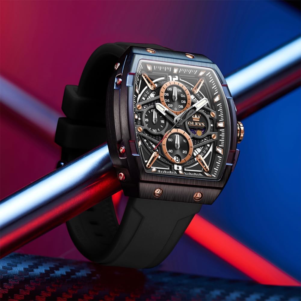 HOTOLEVS Men Watches Business Dress Chronograph Big Square Quartz Analog Male Watch Silicone Strap Waterproof Date Gift Mens Wrsit Watch Silver