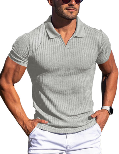 HOTMen's Muscle V Neck Polo Shirts Slim Fit Short Long Sleeve Cotton Golf T-Shirts Ribbed Knit Soft Tees